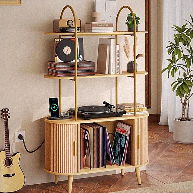 Tall Record Player Stand with Charging Station, 3 Tier Arched Shelf & Vinyl Reco