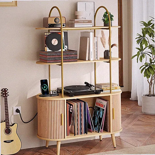 Tall Record Player Stand with Charging Station, 3 Tier Arched Shelf & Vinyl Reco