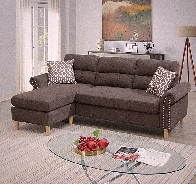 Tan Color Polyfiber Reversible Sectional Sofa Set Chaise Pillows Plush Cushion C