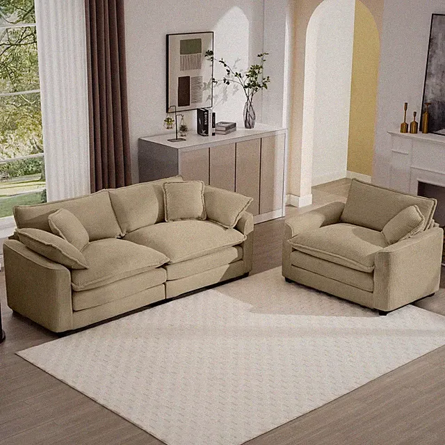 Tan Corduroy 3-Seat Sofa Set, 2-Piece Loveseat & Couch for Modern Living Room