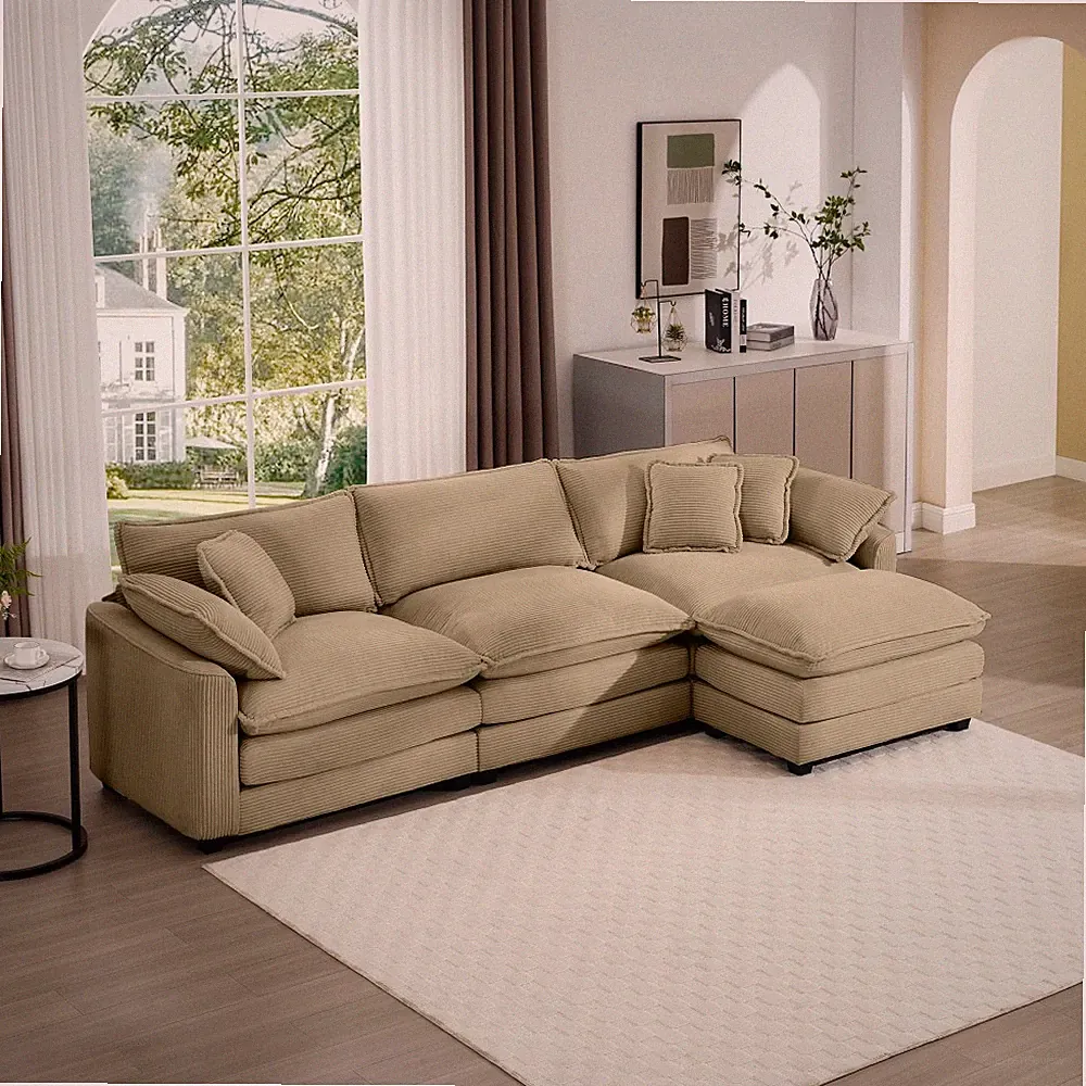 Tan Corduroy 3-Seater L-Shaped Sofa w/ Ottoman Footrest for Small Living Room
