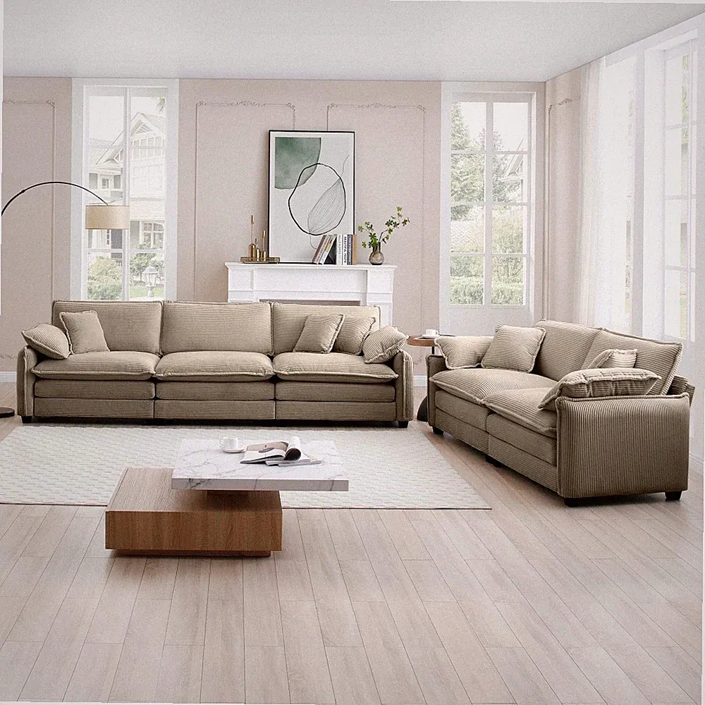 Tan Corduroy Deep Seat Sectional Sofa Set, Ergonomic 5-Seater for Living Room