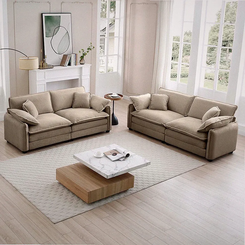 Tan Corduroy Sectional Sofa Set, 2-Piece 4-Seat 2 Loveseats, w/Memory Foam