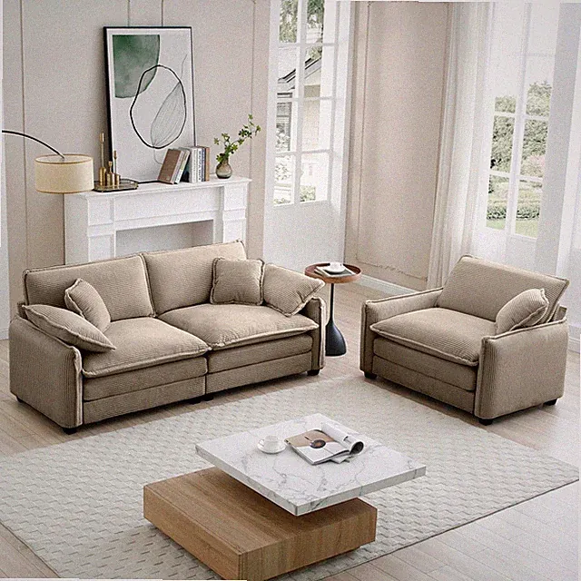 TAN CORDUROY SECTIONAL SOFA WITH PILLOWS, 3-PIECE MODERN RETRO