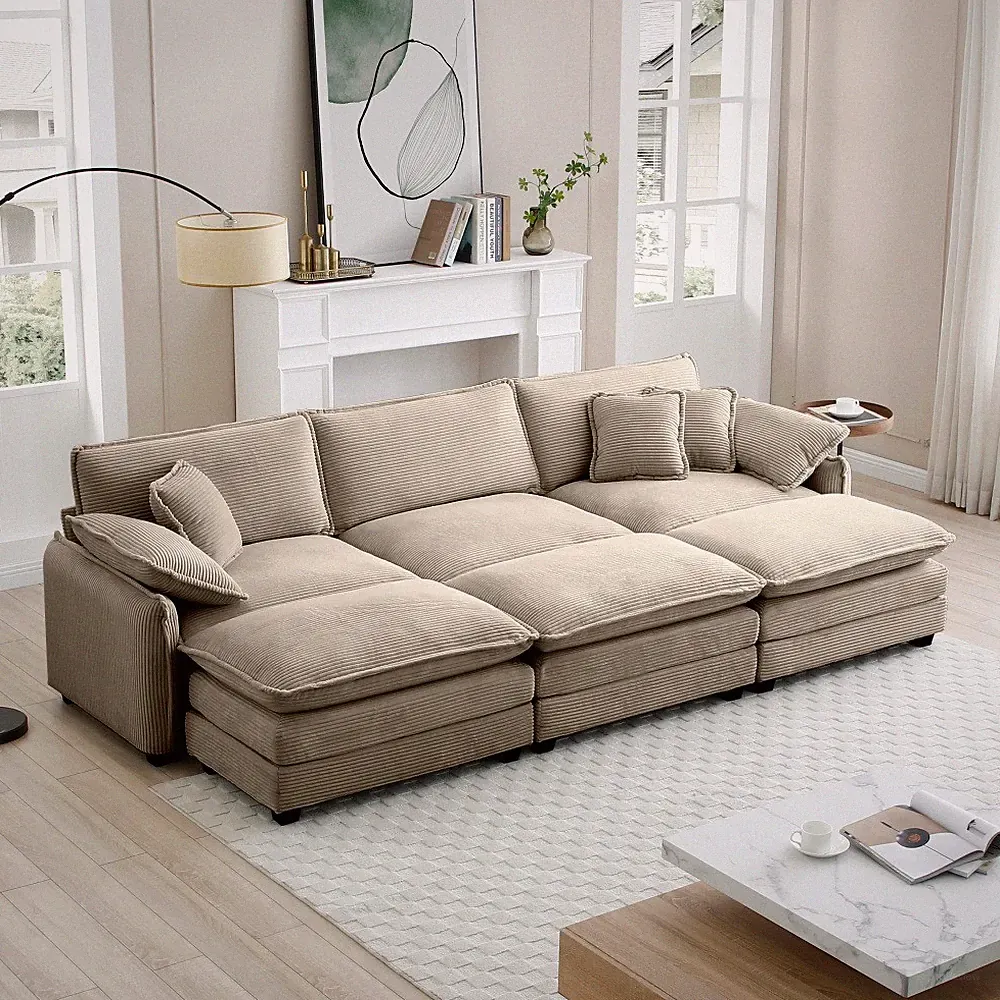 Tan Corduroy Sleeper Sofa Bed, 3-Seater Convertible Sectional with Ottoman