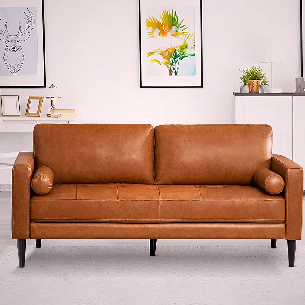 Tan Velonie Mid-Century Air Leather Sofa with Removable Cushions & Bolster Pillo