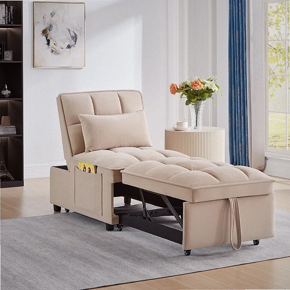 Taupe 4 in1 Multi-Function Single Sofa Bed Storage Pockets,Tufted Single Pull-ou
