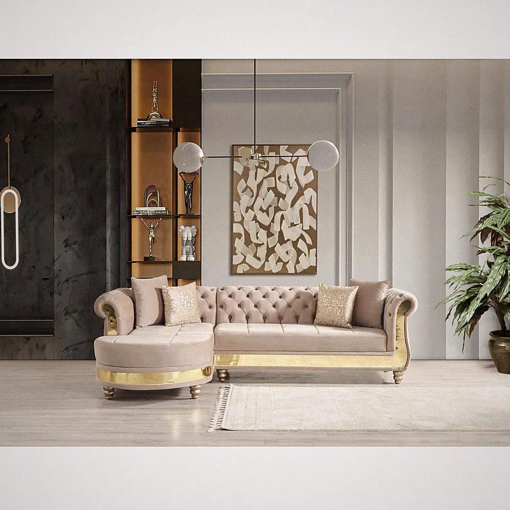 Taupe Velvet L-Shaped Sectional Sofa, 109"W, Tufted Back, Gold Trim