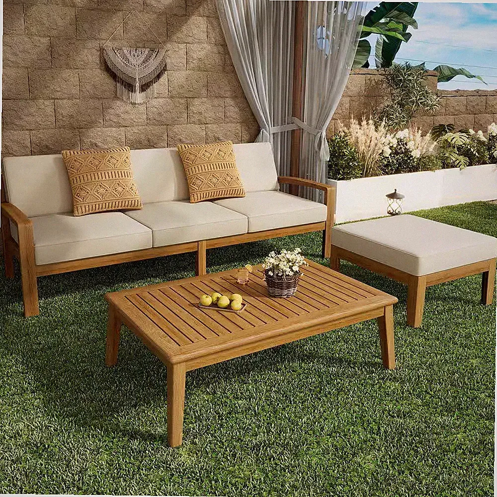Teak 3-Piece Acacia Wood L Shape Outdoor Patio Sofa Sectional Set with Beige Cus