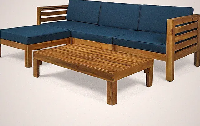 Teak Finish Alice 5-Piece Acacia Wood Outdoor Sofa Set with Dark Teal Cushions
