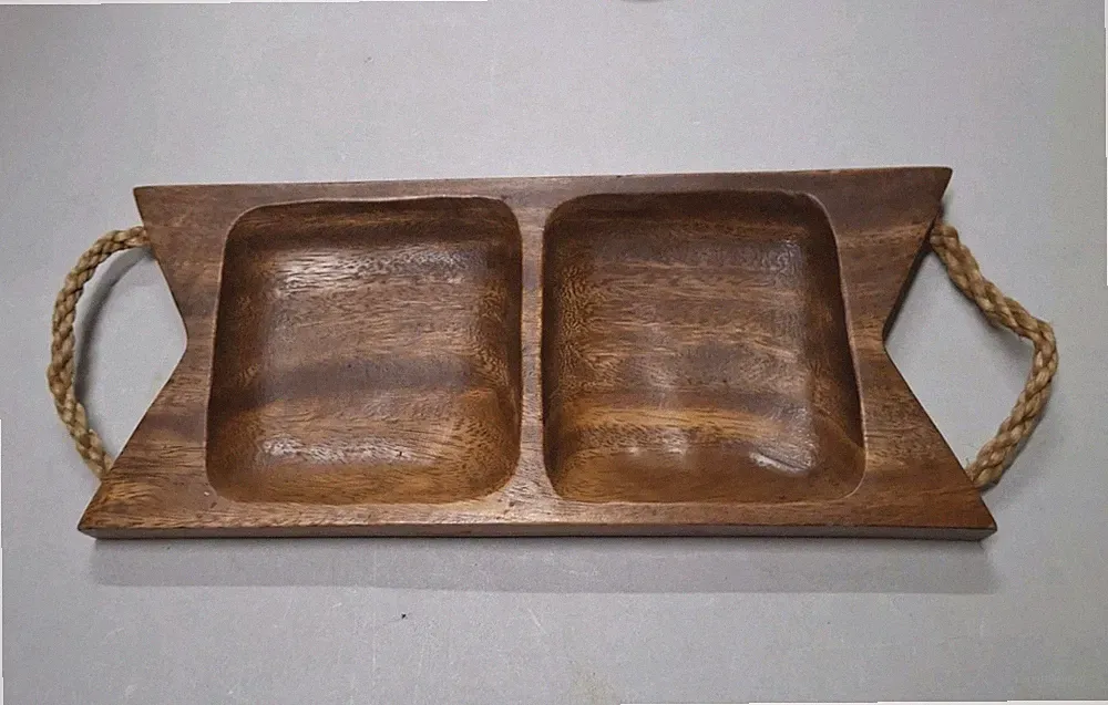 Teak Wood Serving Tray 2 Section Rope Handles Reverse /Cutting Board 16”x6” MCM