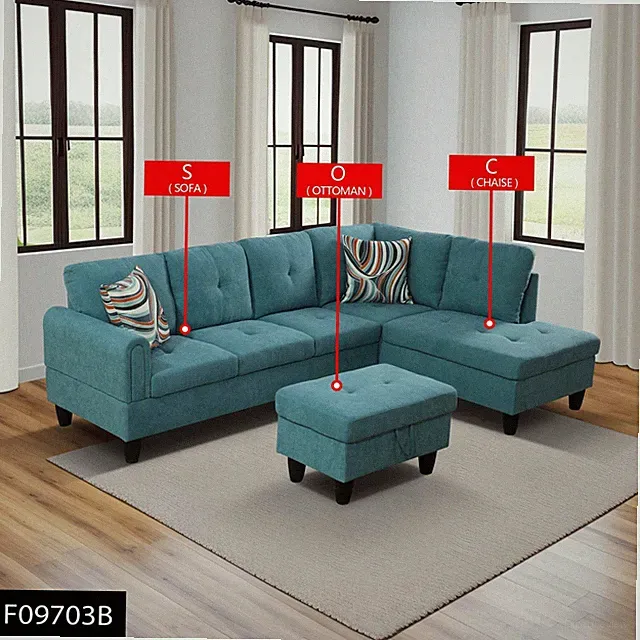Teal Blue Fluffy Fabric 3-Piece Living Room Sofa Set