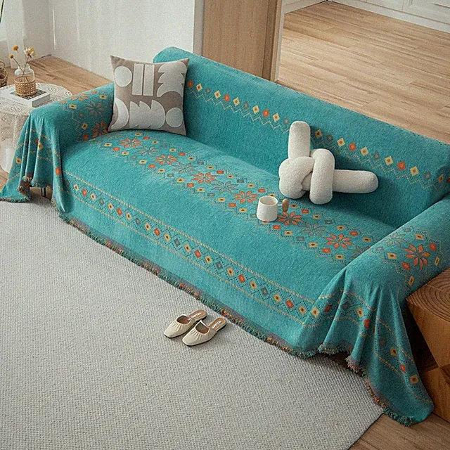 Teal Boho Chenille Sofa Cover - Vintage Geometric Slipcover for 3 Cushion Couch