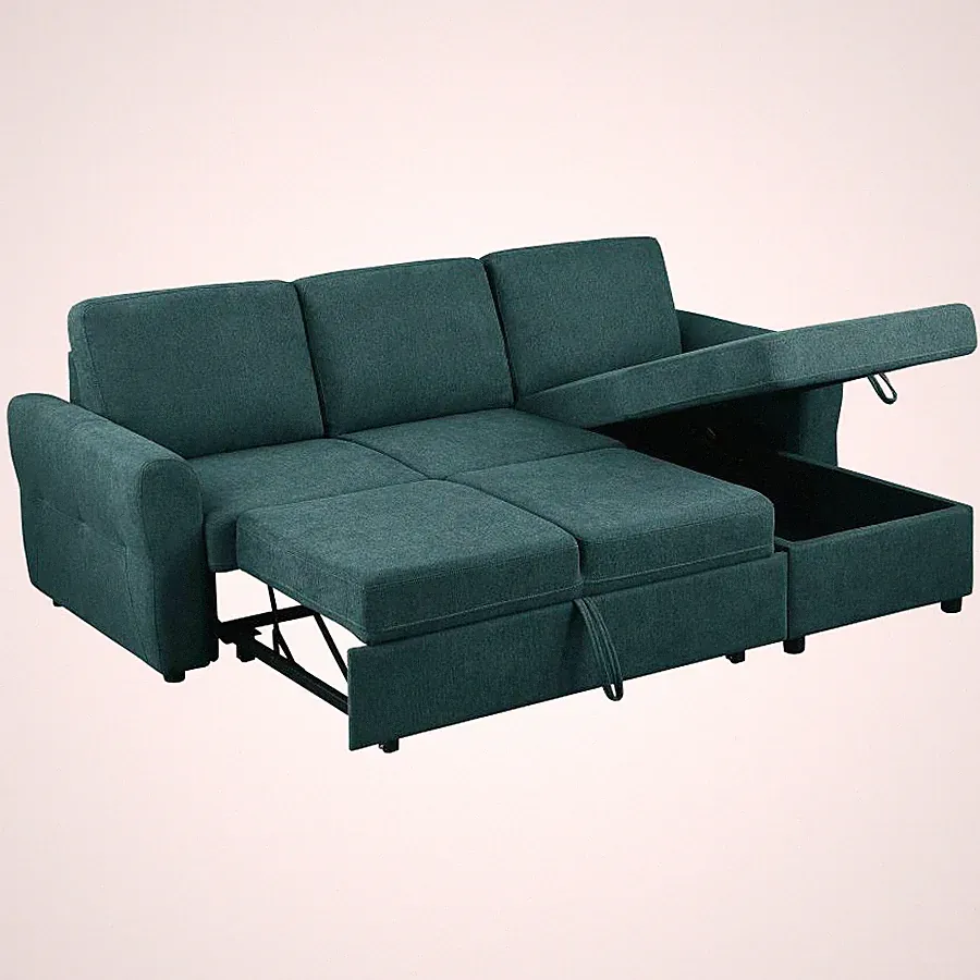 TEAL GREEN BLUE SLEEPER SOFA STORAGE CHAISE PULLOUT BED LIVING ROOM FURNITURE