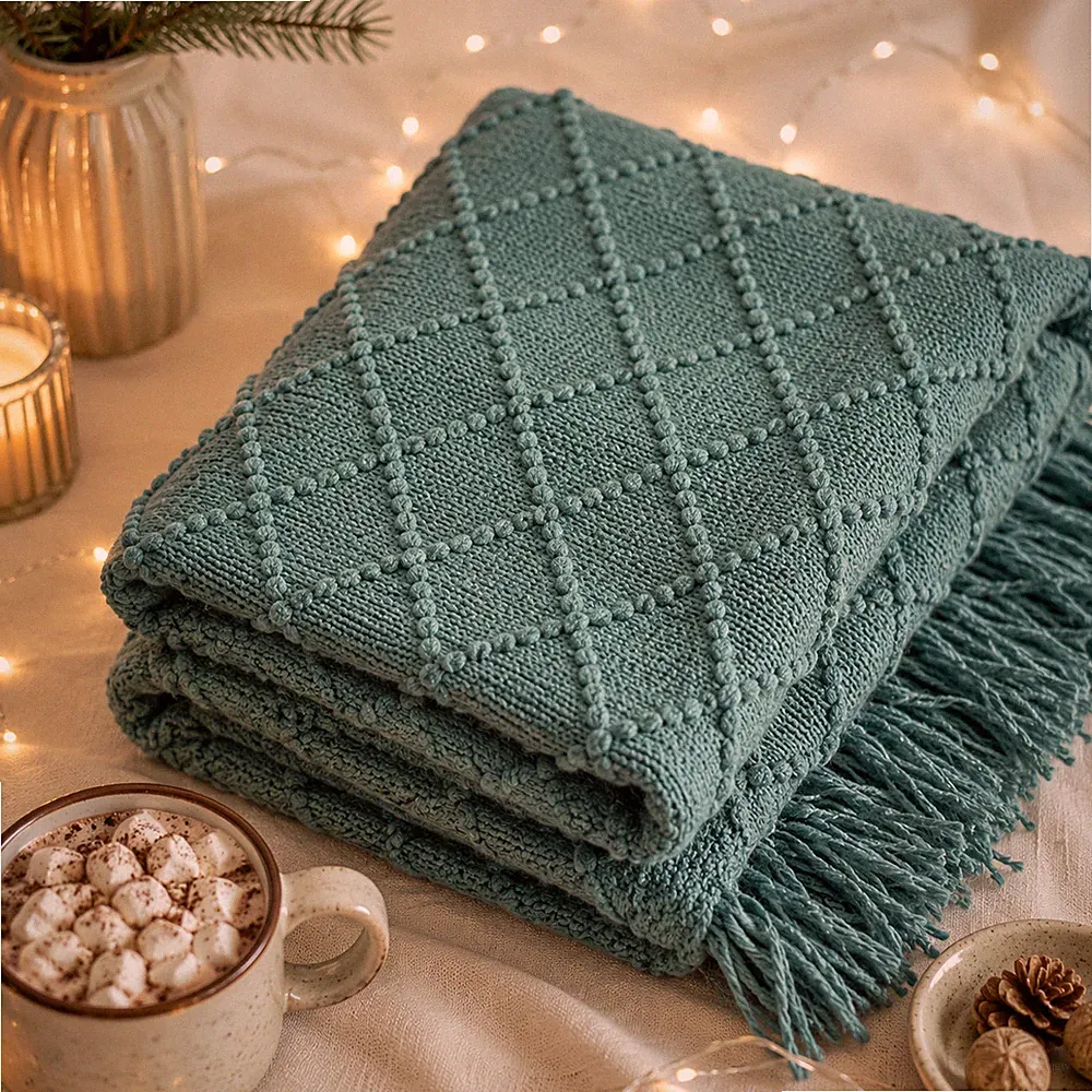 Teal Throw Blanket 50x70 Textured Diamond Fringe Cozy Sofa Couch Bed Decor