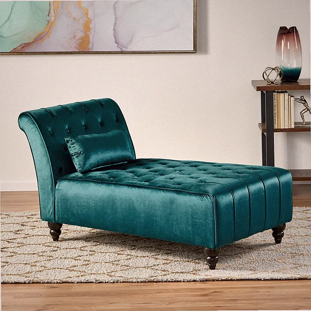 Teal Velvet Chaise Lounge Single Seat Sofa Chair Plush Seating Birch Wood Legs