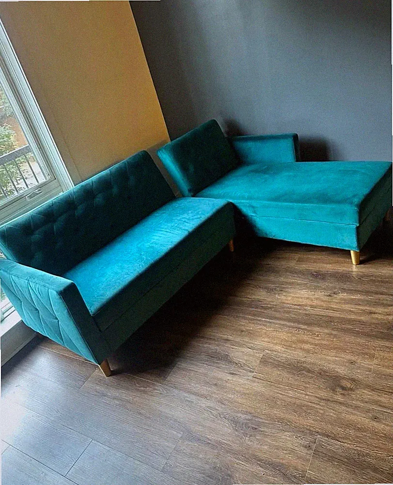 Teal Velvet Tufted Sectional Sofa w/ Chaise, Cushions, Seats 3