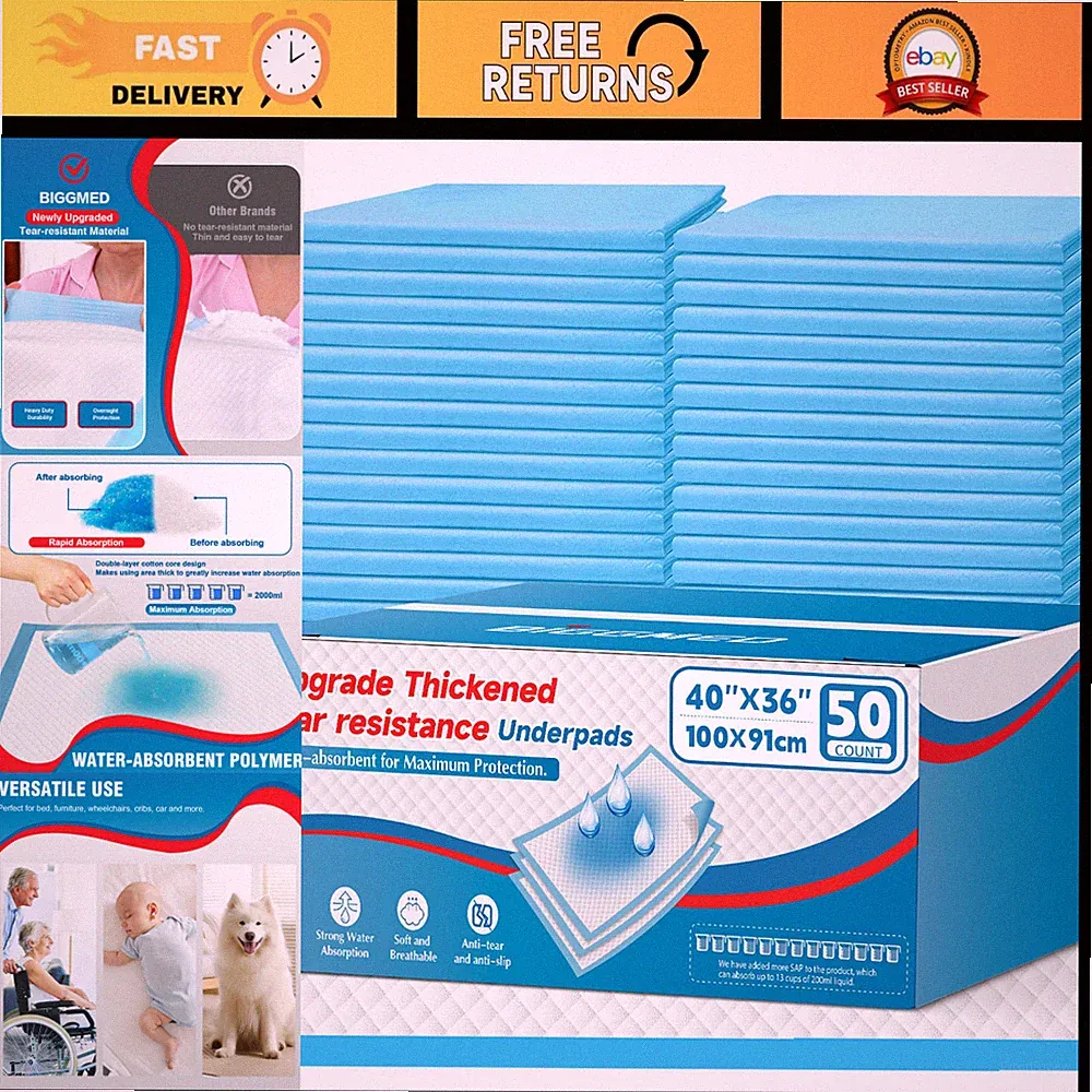 Tear-Resistant Incontinence Bed Pads 40"x36" (50 Count) Heavy Duty Disposable Un