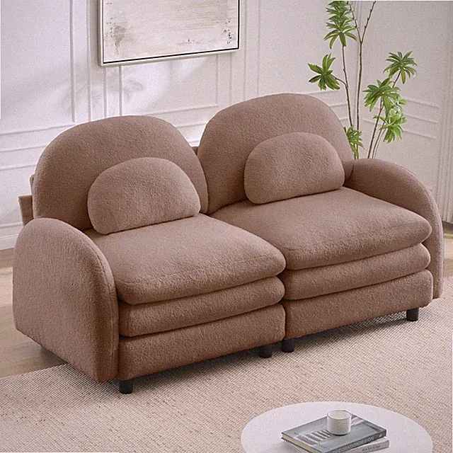 Teddy Fabric 2-Seater Loveseat Sofa, Curved Armrests, Cloud Cushion, Camel