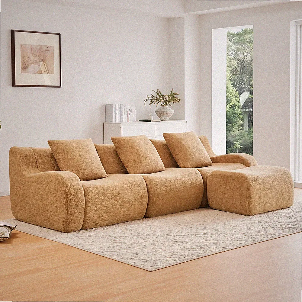 Teddy Fabric 3-Seat Sectional Sofa w/ Curved Armrests, 32D Sponge, No Assembly