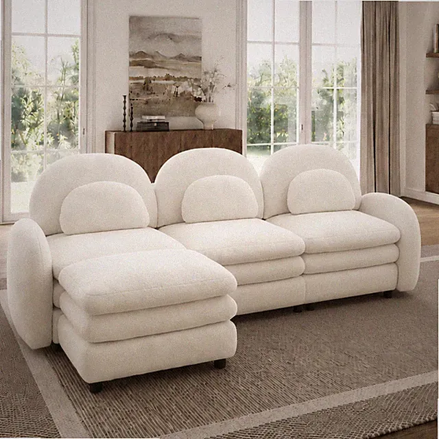 Teddy Fabric Cloud-like 3-Seat Sofa,Curved Backrest and Armrest w/Curved Lumb