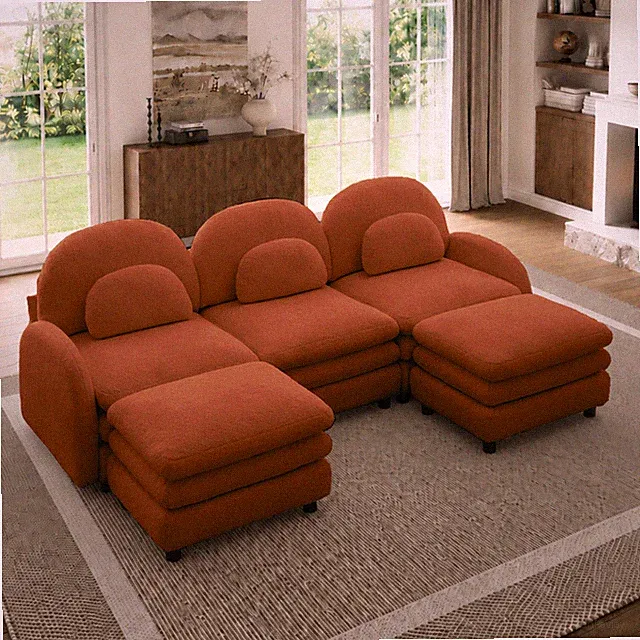 Teddy Fabric Cloud-like 3-Seat Sofa,Curved Backrest and Armrest w/Curved Lumba