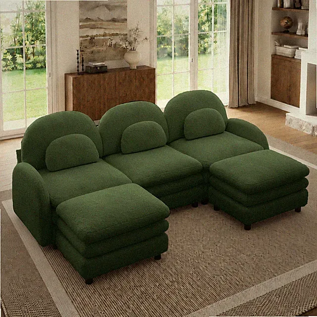 Teddy Fabric Cloud-like 3-Seat Sofa,Curved Backrest and Armrest w/Curved Lumbar