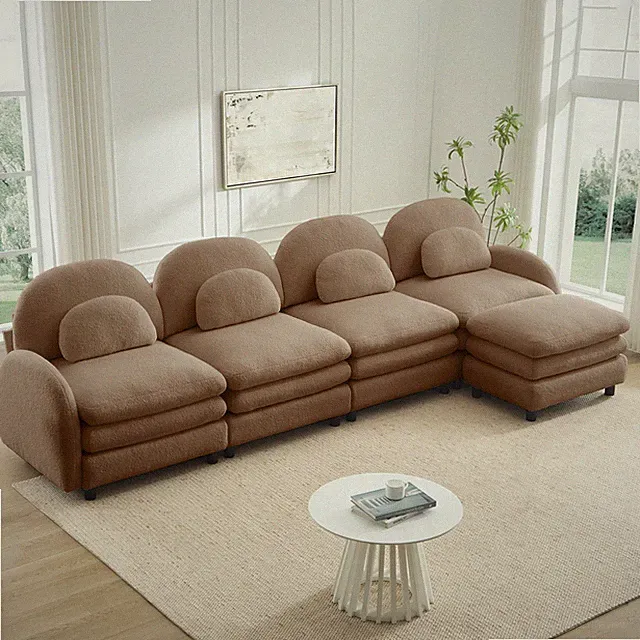 Teddy Fabric Cloud-like 4-Seat Sofa,Curved Backrest and Armrest with Curved Lu