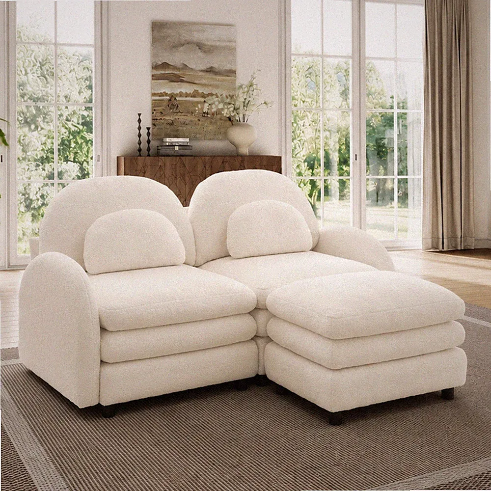 Teddy Fabric Cloud-like Loveseat Sofa,Curved Backrest and Armrest w/Curved Lumba