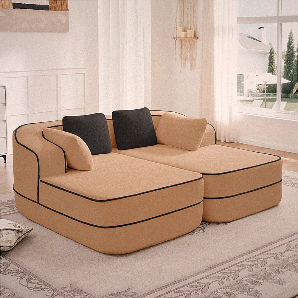 Teddy Fabric Modular Sectional Sofa 77.2" Camel 32D Sponge Sleeper