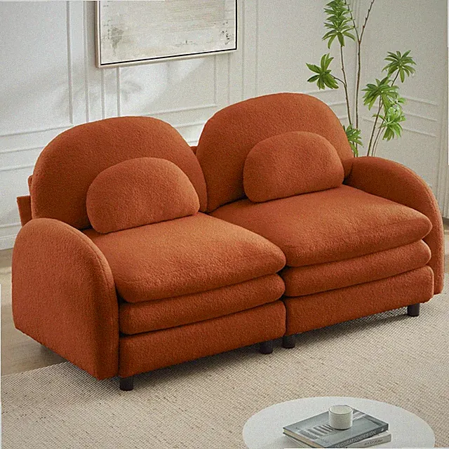 Teddy Fabric Sofa Loveseat 2 Seater Modular Couch with Lumbar Pillows, Orange