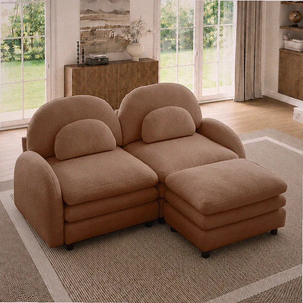 Teddy Fabric Soft Cloud-like Loveseat Sofa,Curved Backrest and Armrest w/C