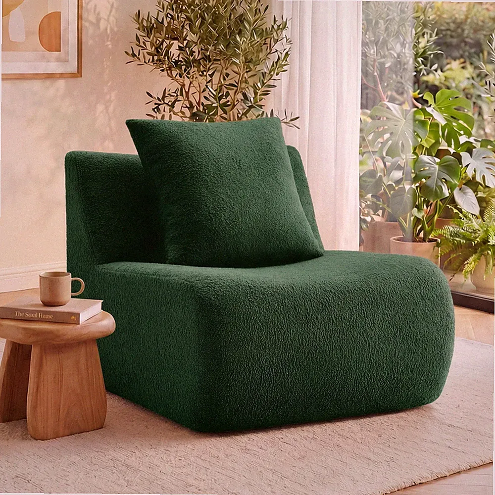Teddy Flannel Armless Single Sofa Chair Deep Seat Cloud Couch w Matching Pillow