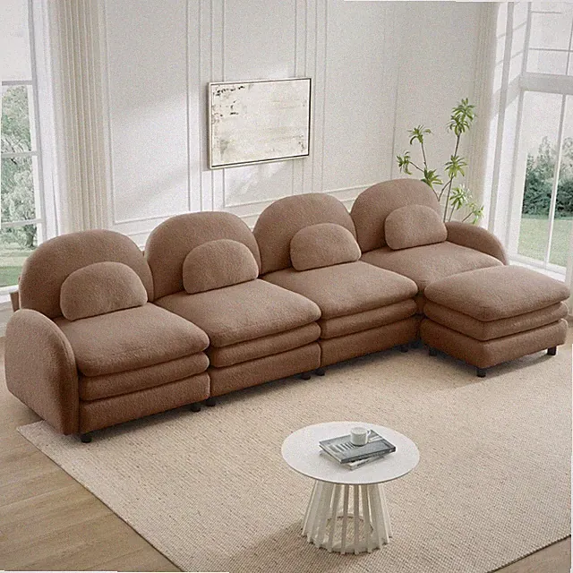 Teddy Fleece 4-Seat Sectional Sofa w/ Ottoman & Pillows, Camel