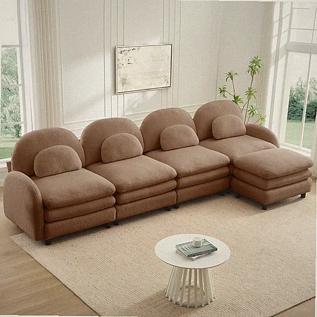 Teddy Fleece 4-Seat Sectional Sofa with Movable Ottomans & Lumbar Pillows, Camel