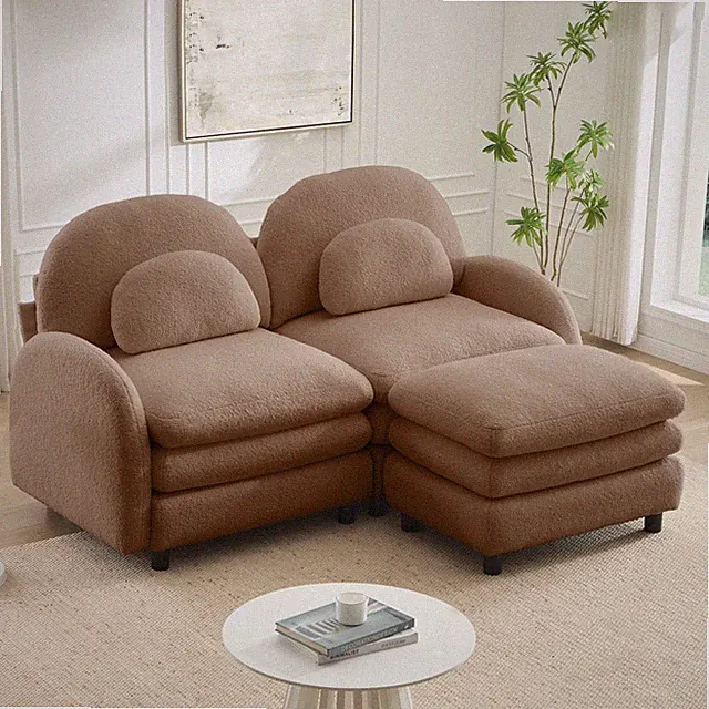 Teddy Fleece Fabric 2-Seater Modular Sofa w/ Ottoman & Lumbar Pillows, Camel