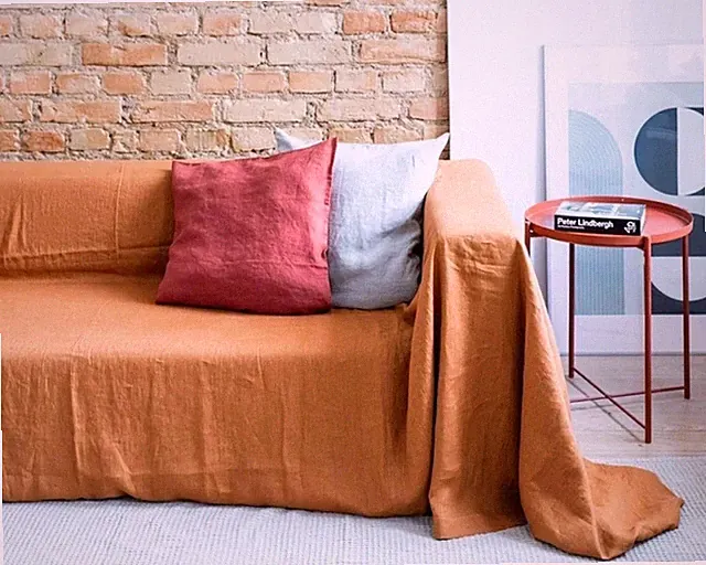 Terracotta Organic Linen Sofa Cover, Stonewashed Couch Throw Large Linen Coverle