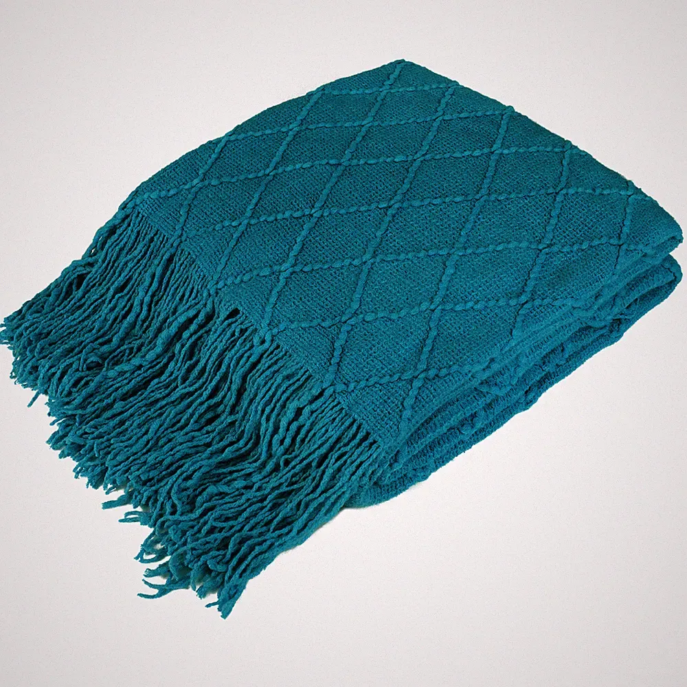 Textured Knitted Fringe Throw Blanket Decorative for Couch Sofa Bed Lightweight