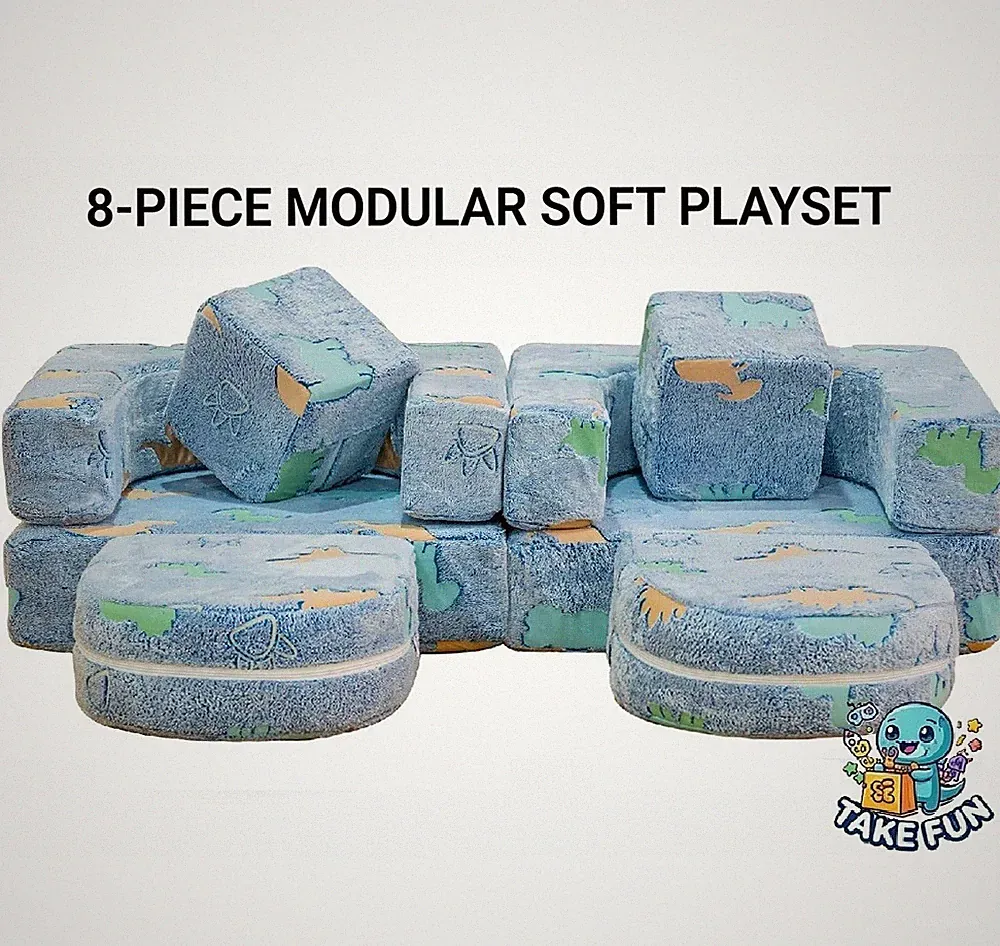 TF 8-Piece Modular Kids Play Couch Sofa Blue - Glow-in-the-Dark Dinosaur Pattern