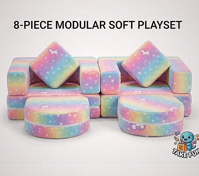 TF 8-Piece Modular Kids Play Couch Sofa Rainbow Glow-in-the-Dark Unicorn Pattern