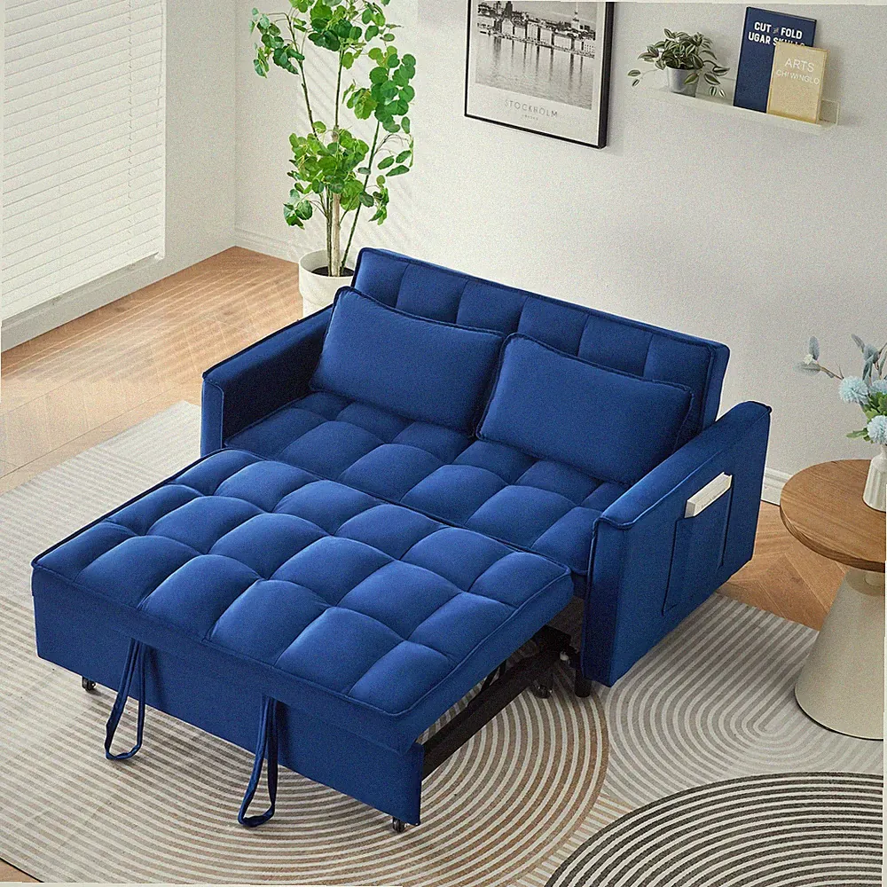 The 55-inch dreamlike blue velvet sofa is elegant and convenient with pockets, c