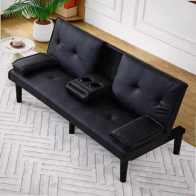The 67-inch black PVC multi-functional sofa bed with a foldable and cup holder