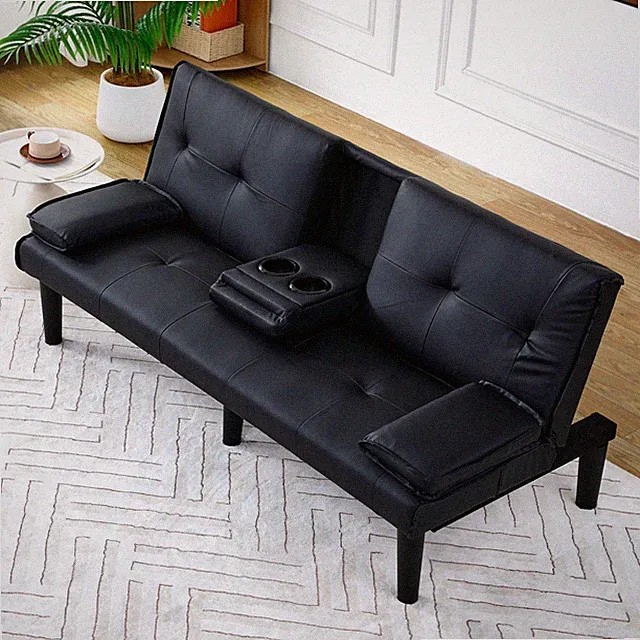 The 67-inch black PVC multi-functional sofa bed with a foldable and cup holder d