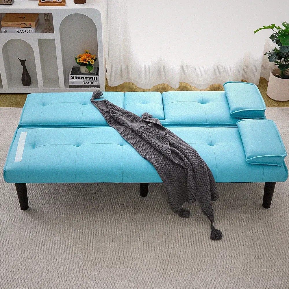 The 67-inch blue PVC multi-functional sofa bed,w/a foldable and cup holder desig