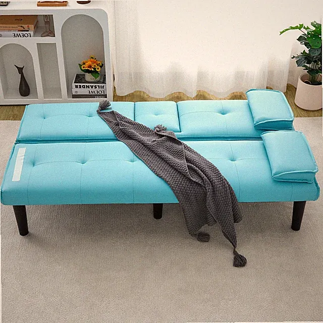 The 67-inch blue PVC multi-functional sofa bed,with a foldable and cup holder de