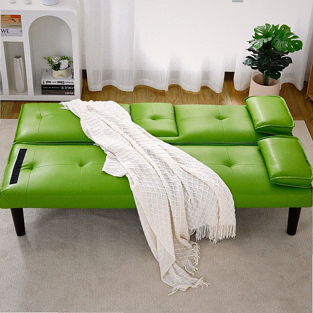 The 67-inch green PVC multi-functional sofa bed,w/a foldable and cup holder desi