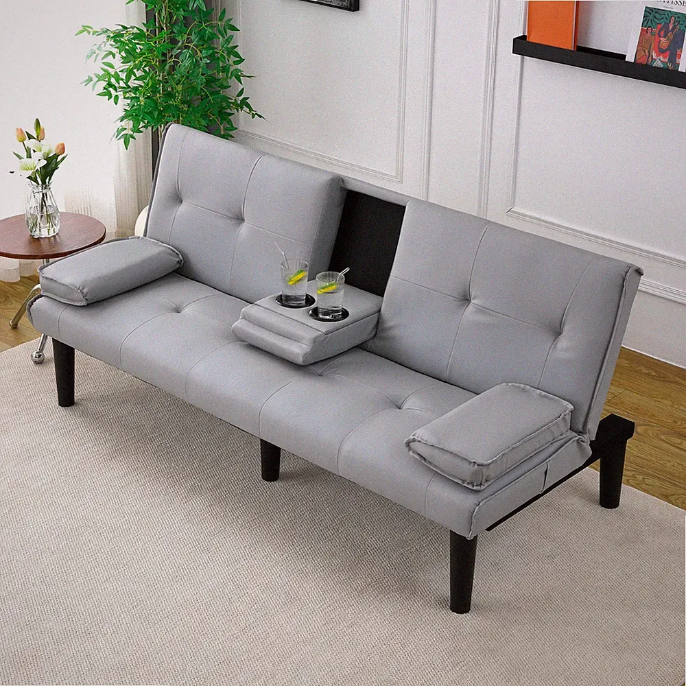 The 67-inch light gray PVC multi-functional sofa bed,w/a foldable and cup holder