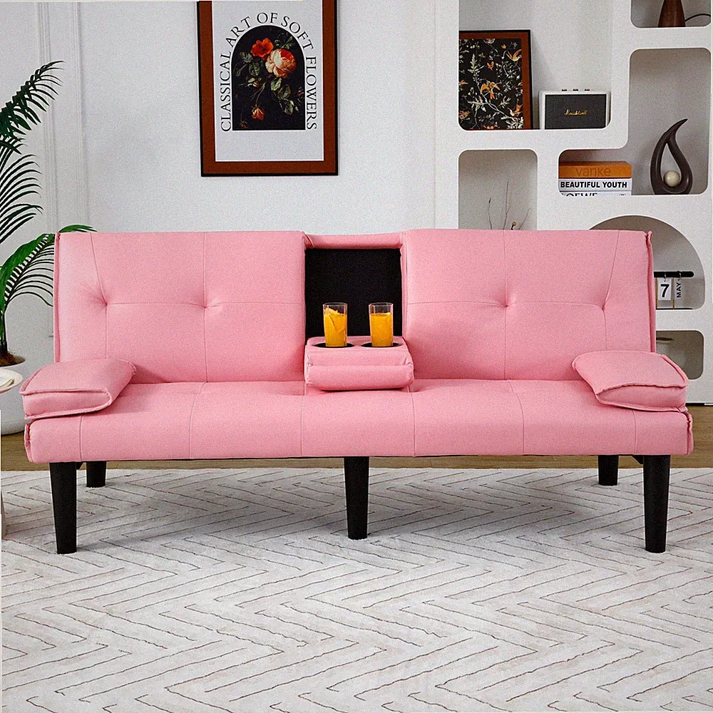 The 67-inch pink PVC multi-functional sofa bed,w/a foldable and cup holder desig