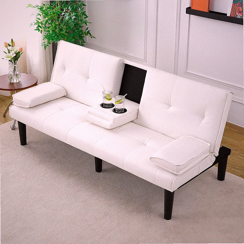 The 67-inch white PVC multi-functional sofa bed,w/a foldable and cup holder desi