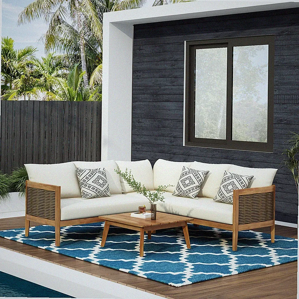 The Crowne Collection Outdoor Acacia Wood and Round Wicker 5 Seater Sectional So